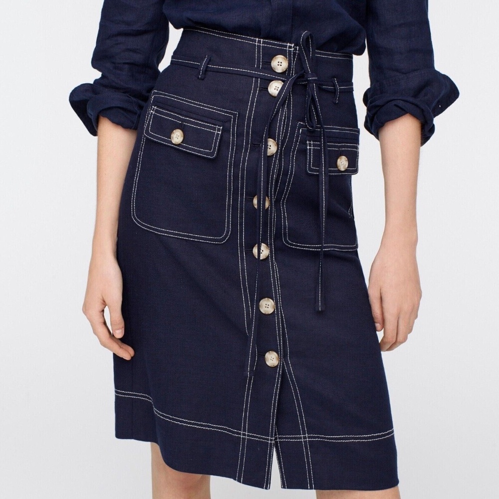 NWT J Crew Button-Front Skirt In Stretch Linen Navy SZ 10